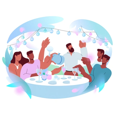 A joyful wedding scene at Cana, with guests celebrating as wine is served.