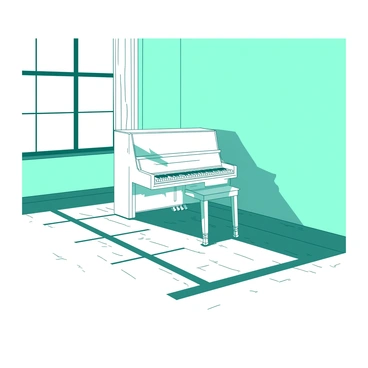 A white piano is situated in the center of an empty room with light teal walls. The keys of the piano are pressed down gently, producing a soft melody that fills the air. Sunlight streams through a large window, casting shadows on the wooden floor. The room is devoid of furniture, emphasizing the piano as the focal point. The sound of the melody echoes softly, creating a sense of tranquility in the space.