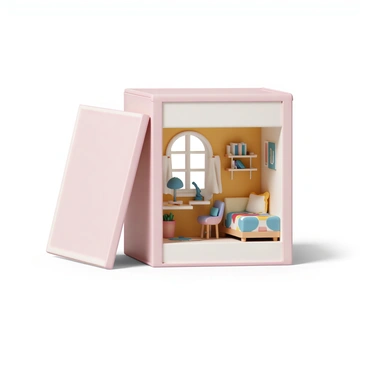The inside of a 3D box, revealing a tiny furnished room