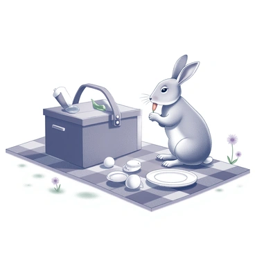 A picnic setting on a grassy area. A medium-sized picnic basket is placed on a checkered blanket, partially open with some items peeking out. In close proximity, a hare is sitting, nibbling on a carrot with its ears perked up. The hare has soft fur and a relaxed posture. Surrounding the picnic area, there are a few wildflowers and patches of grass. There are also a couple of empty plates and a small thermos resting on the blanket.