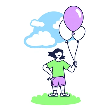 A child is standing on a grassy field, holding a bunch of helium balloons in one hand. The balloons are filled with air and are in various shapes and sizes, including round and heart-shaped designs. The child is wearing a bright t-shirt and shorts, with shoes on their feet. Their hair is blowing gently in the breeze as they look up into the sky. The sunlight illuminates the scene, and fluffy white clouds can be seen in the blue sky above. The balloons are tied together with a string, and the child is smiling with joy as they begin to lift off the ground.