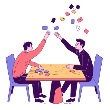 Two players engaged in an intense card battle, cards flying dramatically between them