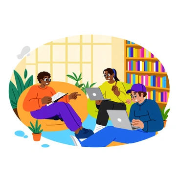 A group of four teenagers sitting together in a cozy library corner. One teenager with curly hair wearing glasses is reading a book, while another with straight hair is taking notes on a notepad. A third teenager, with a baseball cap, is pointing at a page in a textbook, and the fourth, with a ponytail, is holding a laptop and looking at the screen. The corner is filled with tall bookshelves packed with colorful books. Soft, warm lighting illuminates the area, creating a comfortable atmosphere. A large window nearby lets in natural light, and a few potted plants add a touch of greenery to the scene.