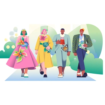 A runway is set for a fashion show featuring models walking confidently in outfits inspired by nature and fantasy. Each model has an individual style, showcasing garments that resemble flowers, leaves, and mythical creatures. One model wears a flowing gown embellished with vibrant butterflies, while another is dressed in a suit with patterns mimicking tree bark and moss. Accessories include shimmering headpieces that resemble delicate petals and intricate jewelry inspired by gemstones. The atmosphere is vibrant, with bright lights illuminating the unique designs and a backdrop of lush greenery, enhancing the connection to nature.