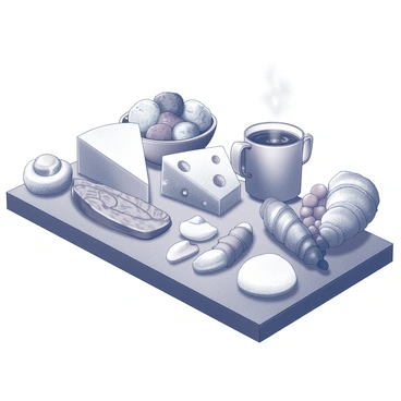 A wooden charcuterie board is spread out on a rustic table, showcasing an assortment of breakfast items. On the board, there are neatly arranged slices of various cheeses and cured meats. Next to them, a selection of freshly baked pastries, including croissants and danishes, are placed enticingly. A small bowl holds an assortment of fresh fruits, such as vibrant berries, sliced oranges, and grapes, enhancing the display. A steaming cup of coffee sits nearby, its surface reflecting the light. The scene captures the essence of a delightful morning meal.