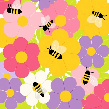 A close-up view of a cluster of bright, colorful flowers in various hues of pink, yellow, and purple. Several bees with black and yellow stripes are actively buzzing around the flowers, their wings shimmering in the sunlight. The flowers have delicate petals and are surrounded by lush green leaves, creating a vibrant and lively scene. The bees are shown in different positions, some perched on the flowers while others hover nearby, all contributing to the bustling atmosphere.
