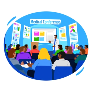 A researcher stands confidently at a podium, presenting findings to an engaged audience at a medical conference. The researcher is wearing a white lab coat and is gesturing towards a large screen displaying colorful graphs and charts filled with data. The audience consists of diverse individuals seated in rows, some taking notes while others are focused on the presentation. Bright lights illuminate the stage, highlighting the researcher and the screen. The conference room has modern decor, with banners showcasing medical themes and a large sign that reads "Medical Conference 2023" above the audience.