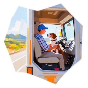 A truck driver with light skin, wearing a blue cap and a plaid shirt, sits in the driver's seat of a large truck cab. Beside them, on the passenger seat, is a loyal brown and white dog with floppy ears, looking attentively at the road ahead. The cab features a dashboard filled with various gauges and a steering wheel, and the sunlight streams in through the windshield, illuminating the interior. The truck is parked on a roadside with a scenic view visible through the window, showcasing green hills in the distance.