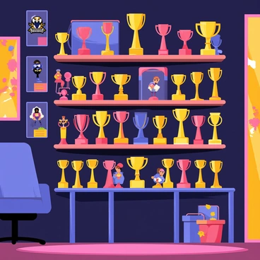 A shelf filled with an impressive collection of esports trophies in a gaming room. The trophies vary in size and design, with some featuring tall gleaming cups, while others are smaller and shaped like characters from popular video games. The shelf is made of dark wood, providing a rich contrast to the shiny metallic trophies. Behind the shelf, the walls are decorated with posters of iconic esports players and matches. A comfortable gaming chair is positioned nearby, and the room is illuminated by colorful LED lights, enhancing the vibrant atmosphere of the gaming space.