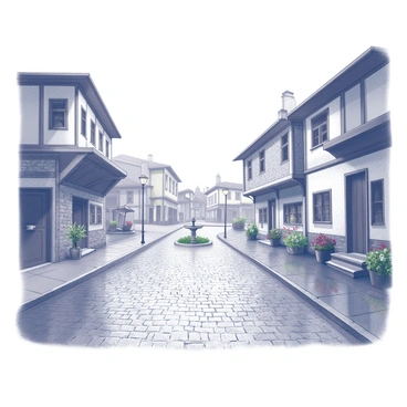 A village street lined with rustic buildings that feature wooden beams and stone facades. The cobblestones are glistening from recent rain, creating a wet surface that reflects the surrounding architecture. In the background, a small fountain stands at the center of a pedestrian square, surrounded by vibrant flower boxes. Street lamps are positioned along the sides of the street, casting soft shadows and highlighting the textures of the cobblestones. A few umbrellas can be seen in the distance, suggesting the presence of residents or visitors navigating the street.
