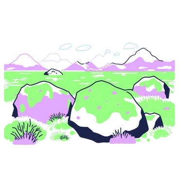 An Arctic tundra scene featuring a vast expanse of land covered in green and purple vegetation. In the foreground, there are large, jagged rocks adorned with patches of lichens. The lichens are vibrant, creating a striking contrast against the rough texture of the rocks. The ground is carpeted with a mix of low-lying plants, showcasing the same vivid colors. In the background, the landscape stretches out, with gentle elevations leading towards distant snowy mountains. The sky above is clear, adding to the sense of openness in this remote environment.