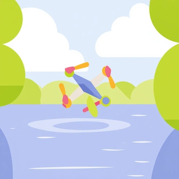 A toy drone with a sleek design and bright colors is hovering above a calm lake. The surface of the lake is smooth and glassy, reflecting the blue sky filled with fluffy white clouds. Surrounding the lake are lush green trees that frame the scene. The sunlight casts gentle ripples on the water's surface, enhancing the tranquility of the setting. The drone is positioned centrally in the image, showcasing its propellers whirring softly as it hovers.