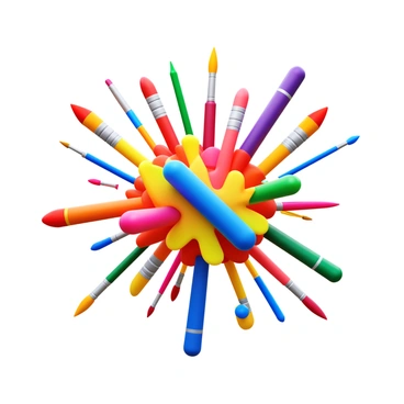 An explosion of art supplies, including colorful paint tubes, various paintbrushes with bristles of different shapes and sizes, and an array of vibrant pens. The supplies are suspended in mid-air, showcasing splashes of color from the opened paint tubes. The brushes are angled in different directions, some with paint still on their bristles, while the pens display a variety of ink colors, creating a lively scene.