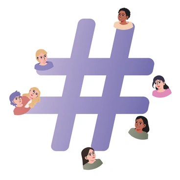 A digital flat illustration featuring a large hashtag symbol in the center, highlighted in bright blue. Surrounding the hashtag are tiny user avatars representing a diverse range of people. Each avatar has distinct features, including variations in skin tones, hairstyles, and clothing styles, representing different cultures and identities. The avatars are arranged in a circular pattern around the hashtag, creating a sense of community and connection. The background is a soft, muted color that enhances the visibility of the hashtag and the avatars.