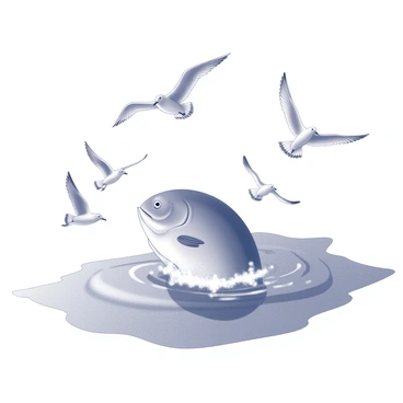 A sunfish is surfacing in the ocean, its large, rounded body partially breaking the surface of the water. Several seagulls are flying nearby, their wings spread wide as they glide above the waves. The movement of the sunfish creates gentle ripples in the water, reflecting the light. The seagulls are varying in positions, some hovering and others diving toward the water.