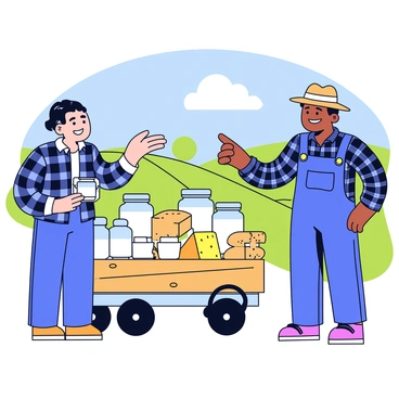A farmer stands next to a wooden cart filled with various fresh dairy products. The cart includes several glass jars of creamy milk, blocks of butter wrapped in parchment paper, and small containers of yogurt. A buyer, wearing a plaid shirt and denim jeans, is inspecting a jar closely. The setting is a rustic farm, with green fields and a bright blue sky in the background. The farmer, dressed in overalls and a straw hat, is smiling and pointing towards a selection of cheese wheels on the cart.
