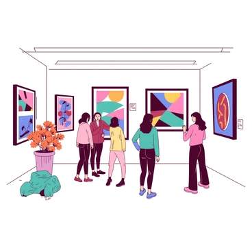An elegant art gallery setting is filled with various student artworks displayed prominently on white walls. Each piece is framed in sleek black frames, highlighting vibrant colors. There are small white placards next to each artwork, providing the title and artist's name. Soft lighting illuminates the pieces, creating a warm atmosphere. A few students in casual attire engage in conversation, while others stand thoughtfully in front of their displayed works. In one corner, there is a teal sculpture that captures attention, and near the entrance, an arrangement of orange flowers adds a touch of liveliness to the space.