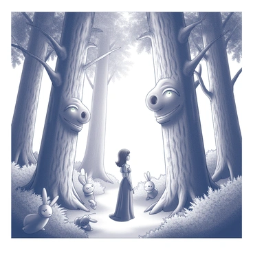 A dense forest filled with towering trees, each tree has a distinct texture on its bark to reflect their age and wisdom. Some trees have wide, expressive faces carved into them, with eyes that seem to glimmer as they observe the surroundings. In the underbrush, various enchanted creatures, such as rabbits with elongated ears and small, shimmering wings, peek out from behind ferns and bushes, their eyes full of curiosity. In the center of this setting stands a figure of "Beauty," a character with flowing hair, clad in an elegant gown, drawing the attention of the watching trees and creatures. The scene is illuminated by soft, dappled light filtering through the foliage above, creating a magical atmosphere.