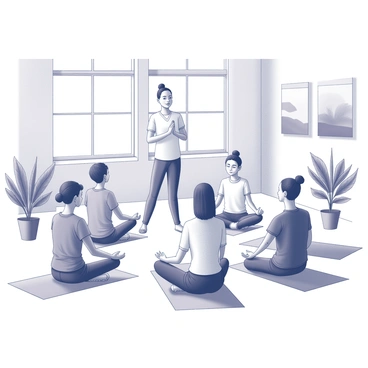 A group of five students sitting cross-legged on yoga mats, focused on their meditation practice. They are arranged in a circle, with a teacher standing at the center, guiding them. The classroom has large windows allowing natural light to filter in, illuminating the space. The walls are adorned with calming images of nature, and there are potted plants placed around the room. The students are dressed in comfortable clothing, with closed eyes and relaxed expressions, while the teacher demonstrates a meditative pose and offers gentle guidance.