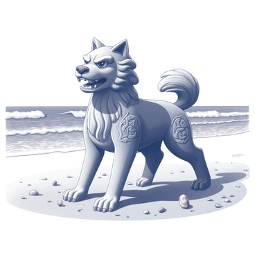 A large foo dog sand sculpture is positioned prominently on a sandy beach. The sculpture features intricate details such as a fierce expression, flowing mane, and ornate patterns carved into the body. Surrounding the sculpture, the beach has scattered seashells and small patches of seaweed. In the background, waves gently roll onto the shore, creating a dynamic visual contrast with the static sculpture. The sky above is vast and clear, adding to the serene beach atmosphere.