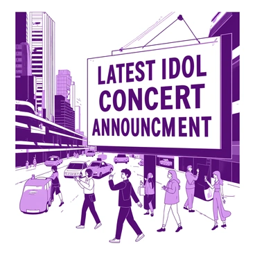 A bustling city street with a giant billboard featuring the latest idol concert announcement