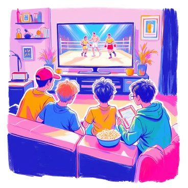 A group of four friends is gathered in a cozy living room, sitting on a comfortable couch, eagerly watching a boxing match on a large television screen. One friend, wearing a red baseball cap, is jumping up with excitement, while another, dressed in a blue t-shirt, is leaning forward, animatedly discussing their bets. The third friend, who has short black hair and is wearing glasses, is holding a notepad filled with written notes. The fourth friend, casually dressed in a green hoodie, has a bowl of popcorn in his lap. The room is decorated with sports memorabilia, and a bright light from the television illuminates their faces, showcasing their enthusiasm.