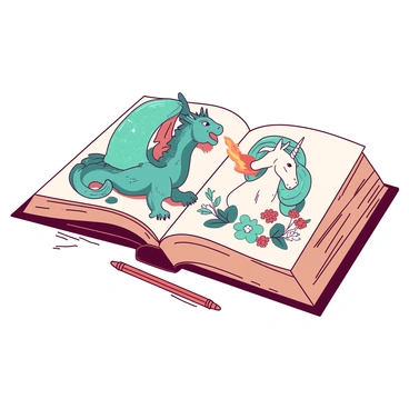 An open book with a detailed illustration of various mythical creatures on its pages. One page features a teal dragon with shimmering scales and large wings, breathing fire. On the opposite page, there is a white unicorn with a flowing mane and a spiraled horn, surrounded by flowers. The book lies on a wooden table with a warm light highlighting the colorful illustrations. The edges of the pages are slightly worn, adding character to the book.