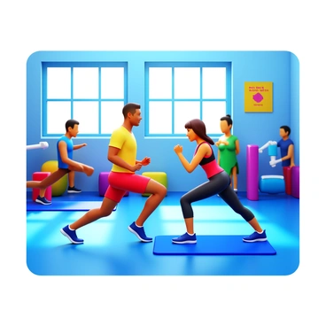 A personal trainer demonstrating "flutter kicks" to a client. The trainer is in a sporty outfit, showing proper form, while the client is following along on an exercise mat. The gym setting is vibrant, with colorful workout equipment visible in the background. Bright sunlight streams through large windows, illuminating the space and enhancing the energetic atmosphere. Motivational posters are on the walls, and other gym-goers are seen engaging in various activities.