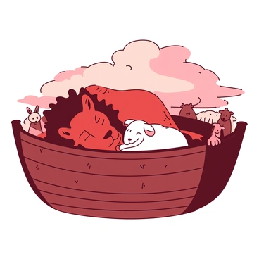 A red lion and a white lamb are resting peacefully side by side on a wooden deck of Noah's Ark. The lion has its eyes closed, displaying a relaxed demeanor, while the lamb is nestled closely against the lion’s side, looking content. The ark is constructed of dark brown wood, showing details of planks and nails. The sky above is a soft blend of colors, indicating a calm atmosphere. Nearby, there are various animals peeking curiously from the edges of the ark, adding to the tranquil scene.