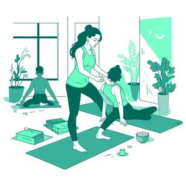 A teal woman is standing on a yoga mat in a spacious studio. She is demonstrating a yoga pose, with one leg stretched gracefully behind her and arms extended overhead. Participants of various ages and body types are positioned on their own mats, following her lead. The woman is gently adjusting the posture of one participant, placing her hands on their shoulders to provide guidance. Sunlight filters through large windows, casting soft shadows on the floor, and there are potted plants in the corners of the room.