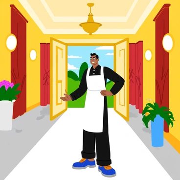 A servant wearing a crisp black uniform with a white apron stands at the entrance of a lavish mansion hall. The servant has a friendly smile and is gesturing with one hand, inviting the guests inside. The entrance hall features grand marble floors and opulent chandeliers hanging from the high ceiling. Elegant decorations, including large vases filled with fresh flowers, adorn the corners of the room. The walls are lined with exquisite artwork and rich tapestries, creating a luxurious atmosphere. The door is wide open, revealing a beautiful garden outside, enhancing the welcoming scene.
