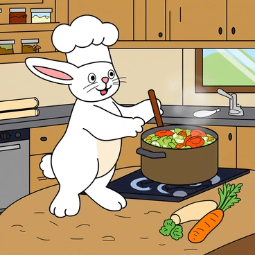 A cute hare with fluffy white fur and large expressive eyes is wearing a classic white chef’s hat perched atop its head. The hare is standing on its hind legs in a cozy rustic kitchen, surrounded by wooden cabinets and shelves lined with jars of spices. The kitchen has a warm, inviting feel, with a wooden table in the center. The hare is stirring a pot on a stove, and the pot is bubbling with a colorful mixture of vegetables. There are fresh herbs scattered on the table, and a rolling pin lies nearby, along with a few carrots and a cutting board. Sunlight pours in through a window, highlighting the charm of the kitchen.