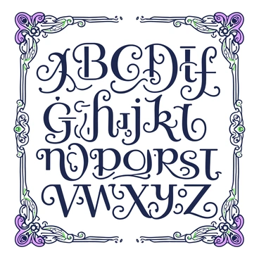 A collection of elaborately designed vintage alphabet letters is displayed on an intricately textured surface. Each letter is beautifully engraved, showcasing unique decorative patterns and flourishes. The letters vary in size and style, with some featuring swirls and loops while others exhibit geometric shapes. Surrounding the letters, there are ornate borders that frame the composition, enhancing the vintage aesthetic. The overall arrangement creates a harmonious and visually interesting display of typography.