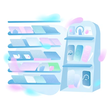 A vibrant store display showcases a wide array of colorful phone cases and accessories. Different styles of phone cases are stacked neatly, ranging from transparent to patterned designs. Accessories such as charging cables, screen protectors, and decorative phone grips are arranged in organized sections. The display features gradient pastel colors that create a visually appealing backdrop. Bright signage with labeled categories is placed strategically to highlight each section.