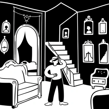 A person dressed in vintage clothing stands inside a large, dimly lit room of an old mansion. The individual is holding a flickering lantern that casts shadows on the walls. Dust particles are visible in the light from the lantern, creating a sense of age in the atmosphere. The room features ornate furniture covered with white sheets, revealing elaborate carvings. A large, cracked mirror is mounted on the wall, reflecting the dim light. Old portraits hang crookedly, their subjects obscured by layers of dust. Scenic tapestries adorn the walls, depicting faded landscapes. A staircase leads upward, shrouded in darkness, inviting further exploration.
