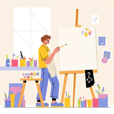 An art student with curly brown hair is focused on painting on a large white canvas. The studio is filled with various art supplies scattered around, including tubes of paint, brushes in jars, and a palette with vibrant colors. Sunshine filters through a window, illuminating the space. The walls are adorned with partially finished artworks and sketches. There’s a wooden easel holding the canvas, and a stool beside it where a paint-splattered apron hangs.