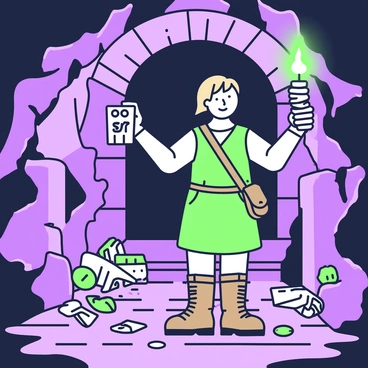 An adventurer is standing at the entrance of a hidden underground chamber. The chamber is dimly lit, with shadows dancing across the rough stone walls. In the adventurer's right hand, they hold a "hand of glory," a twisted candle made from the hand of a hanged man, emitting a flickering green light that illuminates their surroundings. The adventurer is wearing a leather tunic and sturdy boots, with a satchel slung across their shoulder. Their face shows a mix of curiosity and caution as they gaze into the depths of the chamber. Various ancient artifacts and relics are scattered across the stone floor, hinting at the history of this forgotten place.