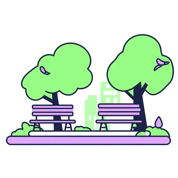 A city park scene featuring two benches placed under a group of trees. The benches are located on a paved pathway, inviting visitors to sit and relax. The trees have a variety of shapes and sizes, with some having thick trunks and leafy canopies. Birds can be seen perched on the branches, and the grass is neatly maintained around the benches. In the background, a few buildings are faintly visible, suggesting the park's location within an urban environment.
