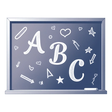 A school chalkboard with a dark surface, prominently displaying the letters "A", "B", and "C" written in elegant cursive script. The letters are centered on the board and have a clean, well-defined appearance. Surrounding the letters are various doodles, including small stars, hearts, and arrows, all drawn in white chalk. The doodles create a playful atmosphere, adding to the charm of the scene. The edges of the chalkboard display some chalk dust, indicating recent use.