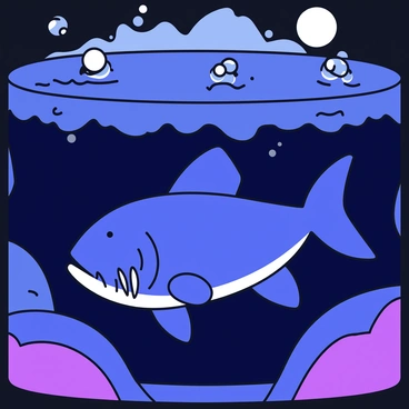 A piranha with sharp teeth and a streamlined body is partially submerged in dark water. The water is illuminated by soft moonlight, creating a shimmering effect on the surface. The surrounding area is filled with shadows, adding a sense of mystery. The piranha's eyes are focused and alert, hinting at its predatory nature. Bubbles rise to the surface, creating a dynamic contrast against the stillness of the water.