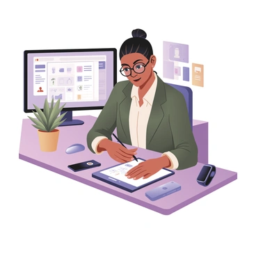 A young entrepreneur is sitting at a modern desk, intently designing an app on a sleek tablet. The entrepreneur is a woman with medium skin, wearing round glasses and a stylish blazer. She has her hair tied back in a neat bun. Surrounding her are various tech gadgets, including a smartphone, a pair of wireless earbuds, and a smartwatch placed neatly on the desk. In the background, there is a large monitor displaying app design sketches. The setting is bright and well-lit, with a few potted plants adding a touch of greenery to the workspace.