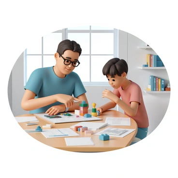A tutor, wearing a blue shirt and black glasses, is sitting at a wooden table with a student. The student, wearing a red t-shirt and denim shorts, is intently focused on a building model made of small colorful blocks. The tutor is pointing at the model, providing guidance, while the student holds a block in one hand, looking thoughtful. The table is scattered with various blocks and design papers. Behind them, there is a bookshelf filled with architectural books and a large window letting in natural light.