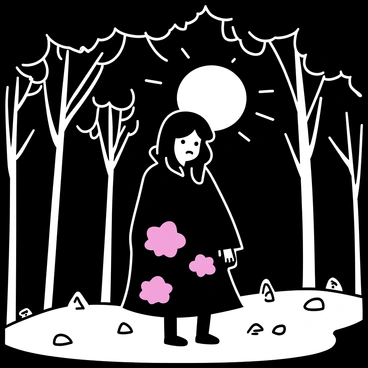 A figure, dressed in a dark cloak with a red cloud pattern, is stealthily moving through a dense forest at night. The moonlight filters through the leaves, casting intricate shadows on the ground. The figure has long, black hair and is positioned low to the ground, carefully blending into the dark surroundings. The trees are tall and close together, with a few rocks scattered throughout the area, enhancing the sense of secrecy in the scene.