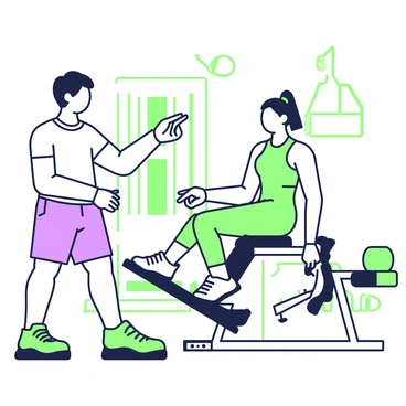 A personal trainer is standing beside a leg press machine, demonstrating the correct posture for a beginner. The trainer has short hair and is wearing a fitted workout shirt and shorts. The beginner, a person with long hair tied back, is seated on the machine with feet positioned on the platform. The trainer is pointing to the adjustable seat, explaining how to set it properly for comfort. The background features gym equipment, including weights and exercise mats. The atmosphere is focused on fitness and learning.