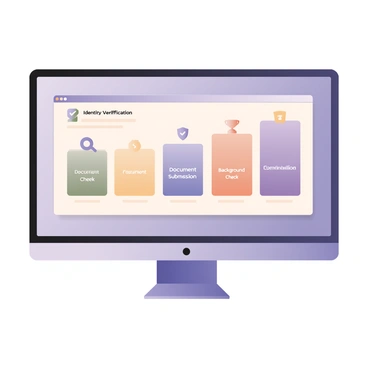 A digital flat illustration depicting a computer screen displaying a colorful progress bar. The progress bar is segmented into four distinct stages, each represented by different colors: a bright green for "Identity Verification," a vibrant blue for "Document Submission," a warm orange for "Background Check," and a rich purple for "Completion." Each stage is labeled with clear text indicating its title. The background of the screen is a light gray to enhance the visibility of the progress bar. There are icons associated with each stage, such as a checkmark for "Identity Verification," a document icon for "Document Submission," a magnifying glass for "Background Check," and a trophy for "Completion." The overall design is sleek and modern, emphasizing clarity and user interaction.