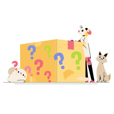 A closed cardboard box resting on a wooden floor. The box is covered in large, colorful question marks in various sizes and orientations. Surrounding the box are several cartoon-style characters, each with distinct features. One character, a small round creature with big eyes, looks up at the box with a puzzled expression. Another character, tall and lanky with a raised eyebrow, leans closer to the box, examining it closely. A third character, a furry animal with oversized ears, tilts its head in confusion. The scene captures their curiosity and intrigue surrounding the mysterious box.