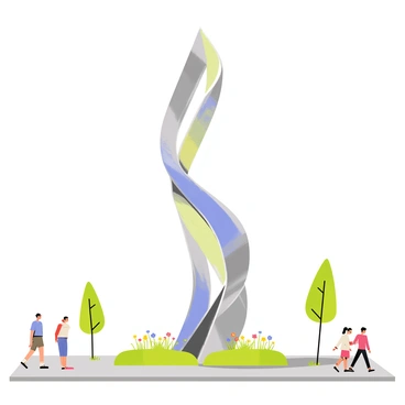A futuristic sculpture made of shiny silver metal and transparent glass stands tall in a public square. The sculpture features an abstract design with twisting and overlapping forms that create an illusion of movement. Surrounding the sculpture, the square is paved with smooth gray stones, and green landscaping with small trees and colorful flowers provides a natural contrast to the modern artwork. A few people are walking near the sculpture, admiring its intricate details and reflecting surfaces. Bright sunlight casts interesting shadows on the ground, enhancing the sculpture's dynamic appearance.