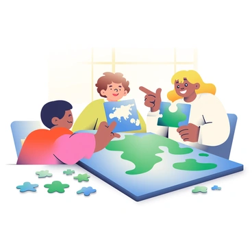 Three children are sitting around a wooden table, focused on putting together a large puzzle of Earth. One child has short black hair and is placing a blue piece into the puzzle, while another child with curly brown hair is pointing at a green landmass. The third child, who has straight blonde hair, is holding a piece with a polar region, looking excited. The table is scattered with extra puzzle pieces, and there is a warm light coming from a nearby window, illuminating their concentration and teamwork.