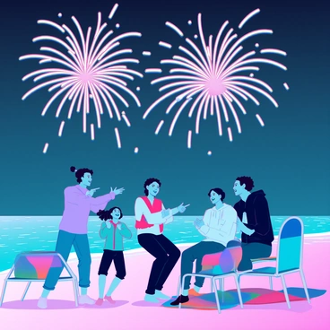 A group of families gathered on a sandy beach at night. There are adults and children, all of them smiling and clapping in excitement. The sky is illuminated by vibrant fireworks bursting in various colors, creating an array of shapes and patterns. The beach is dotted with colorful towels and beach chairs where people are sitting. In the foreground, a child with curly hair is jumping up and down, while a couple of adults are pointing at the fireworks with amazement. The ocean is calm, reflecting the brilliant colors of the fireworks above.