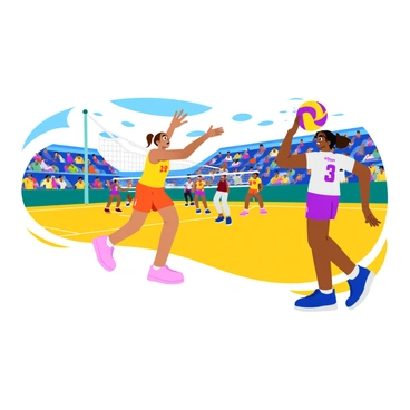 A setter is positioned on a volleyball court, focusing intently as they prepare to set the ball for a teammate. The setter is wearing a vibrant team uniform, featuring bold colors and a number printed on the back. The ball is held high above their head, ready to be released. In the background, teammates are spread out, eagerly anticipating the play, with one player jumping in preparation for the attack. The court is lined, and the audience can be seen in the stands, creating an energetic atmosphere. The lighting is bright, emphasizing the action on the court.
